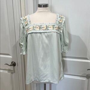 Spartina 449 Embroidered Dee Square Neck Blouse Size XL Cottagecore Green